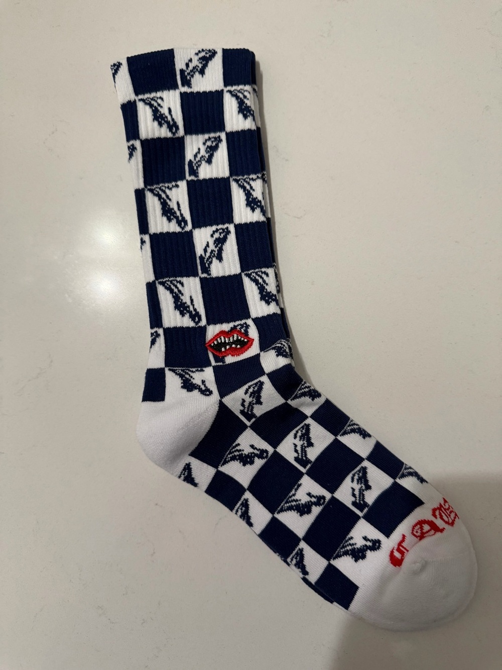 Chrome Hearts Navy and White Checkerboard Crew Socks with ONE PAIR